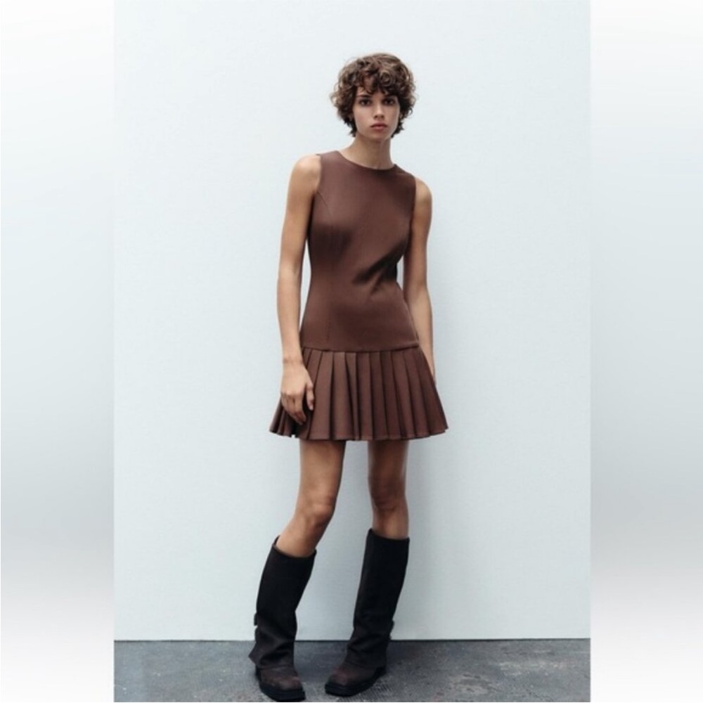 Zara Box Pleat Mini Dress Brown